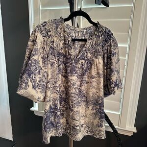 Entro Cream and Blue Relaxed Blouse with Bib Collar